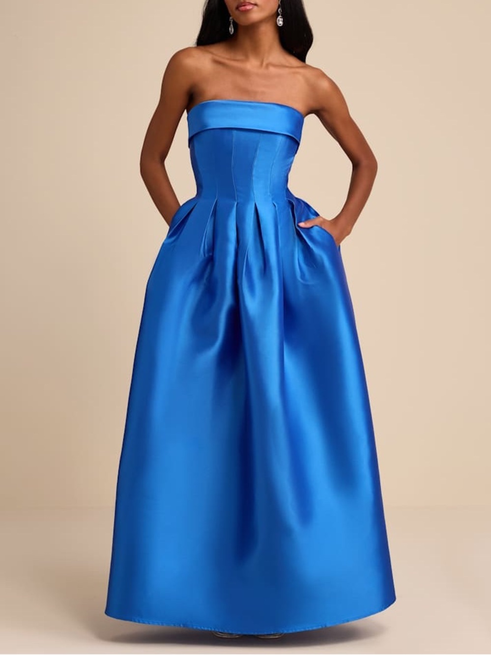 Lulus Novalie Blue Taffeta Pleated Strapless A-line Maxi Dress Size M NWT